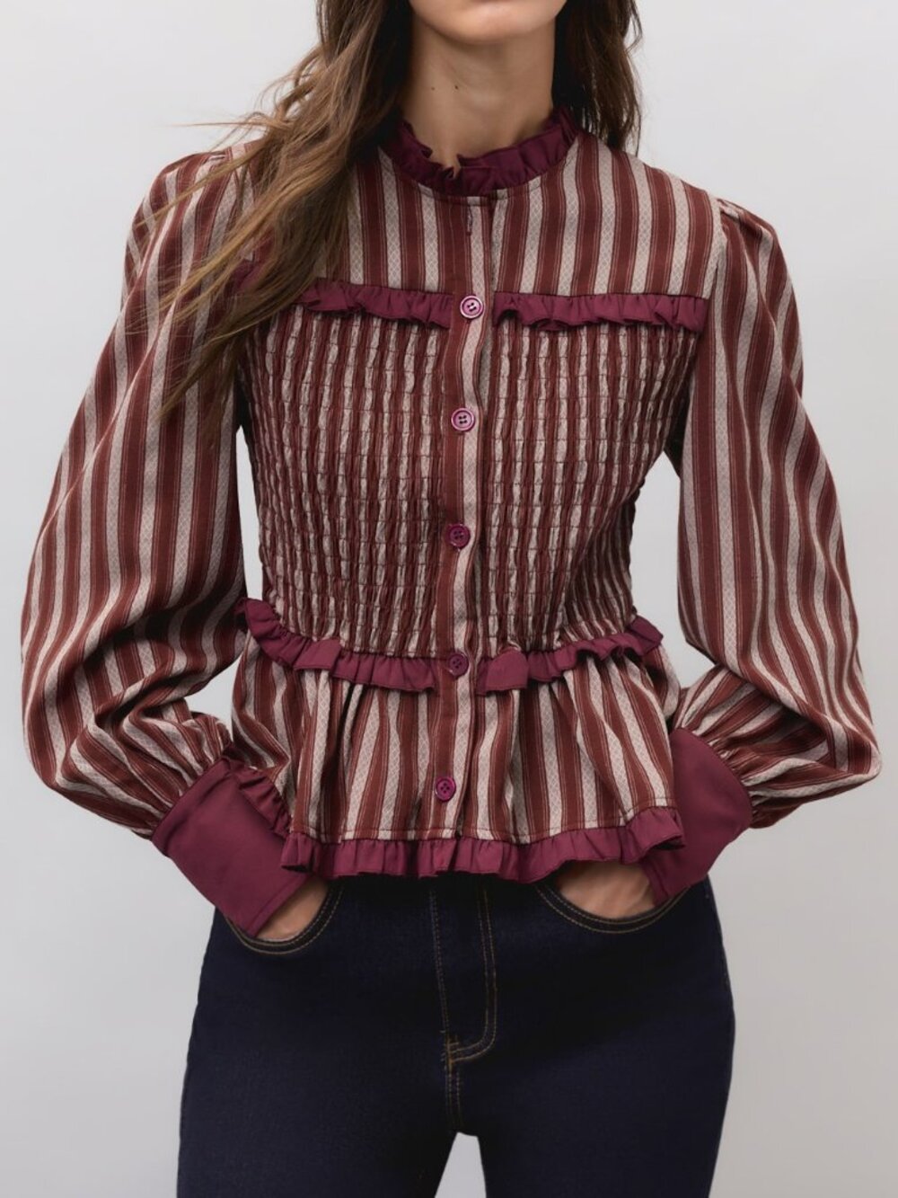 Burgundy Elegant Women's Striped Blouse